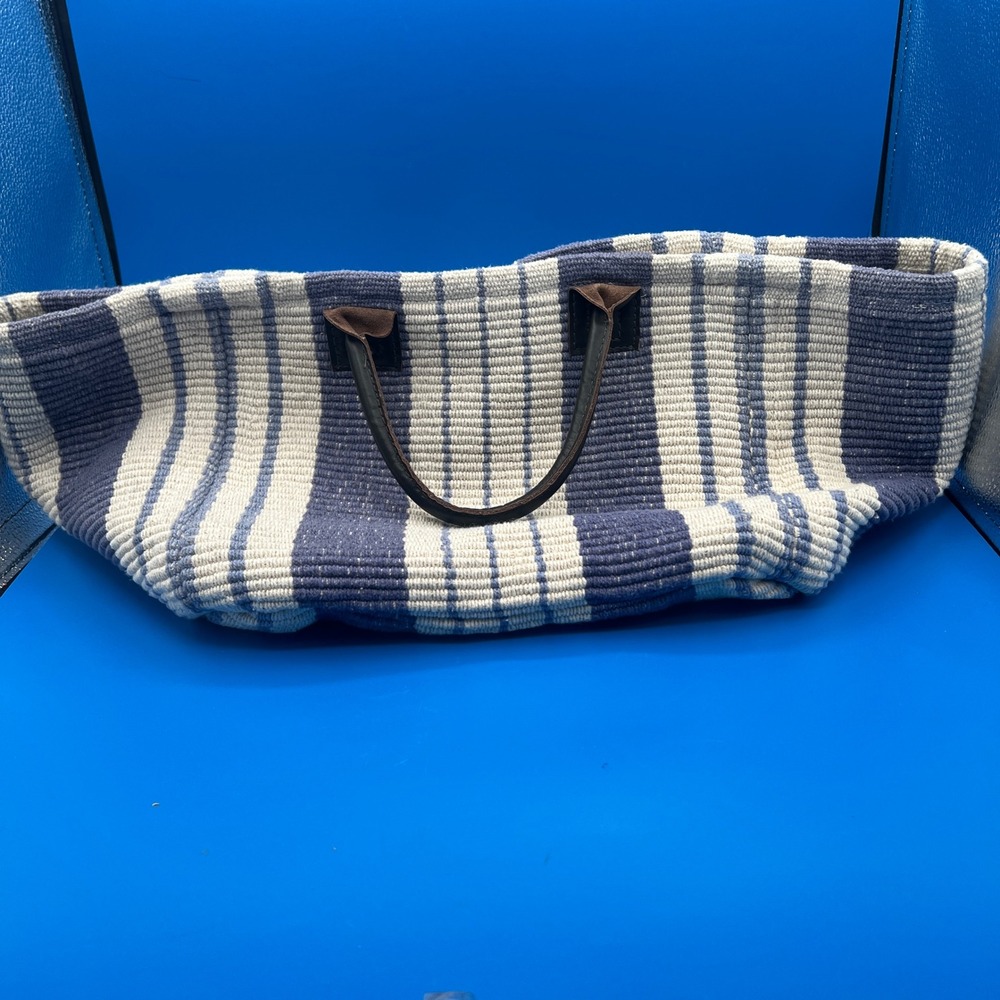 Dash & Albert Handwoven Cotton Jumbo Farmers Market Tote Bag Blue Leather